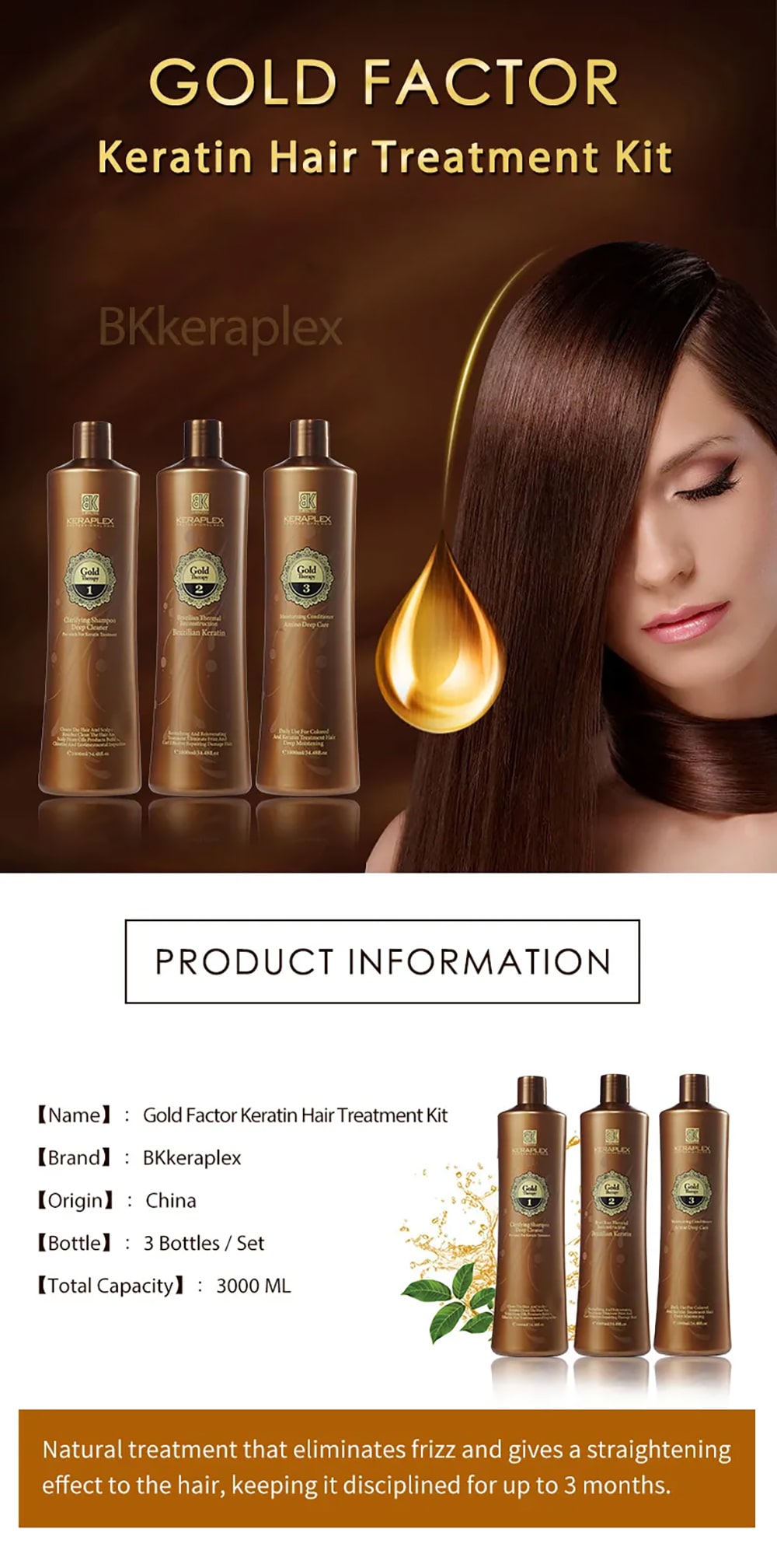 پک کراتینه مو گلد کراپلکس بی کی برزیلی - BK Keraplex Professional Hair Gold Therapy Brazilian Thermal Reconstruction Keratin